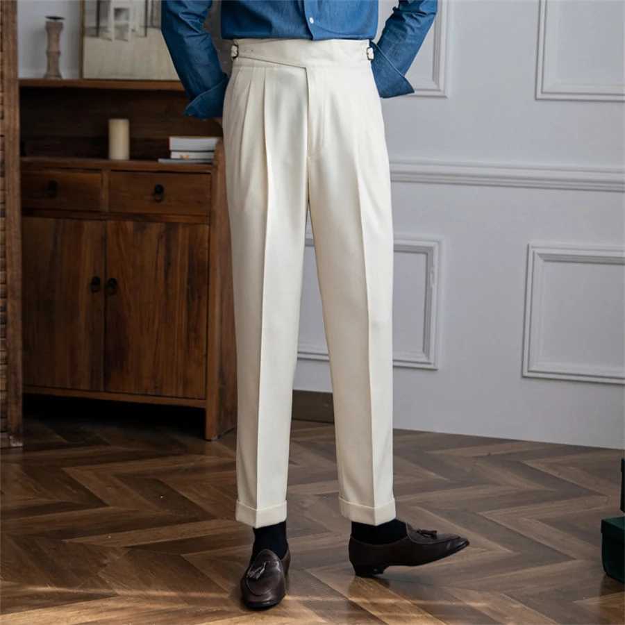 Mens Solid Color Suit Trousers Spring Trendy Belt High Waist Pants Male Business Office Fashion Pleated Straight Pants Streetwear W250225