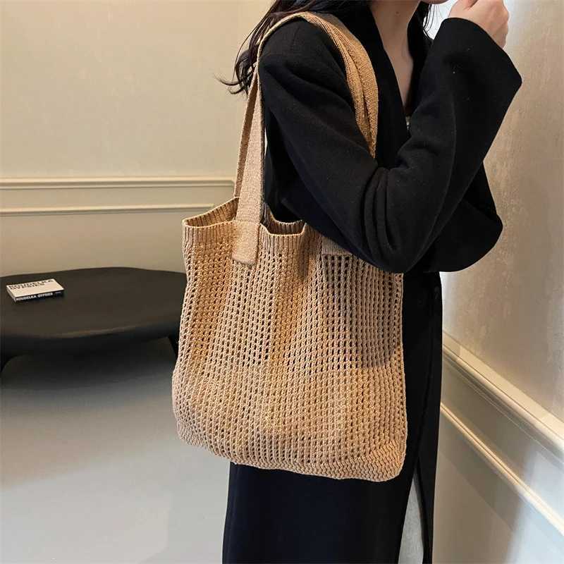Women Solid Color Knitting Shoulder Bag Aesthetic Hobo Bag Large Capacity Crochet Tote Bag Ladies Daily Handbag