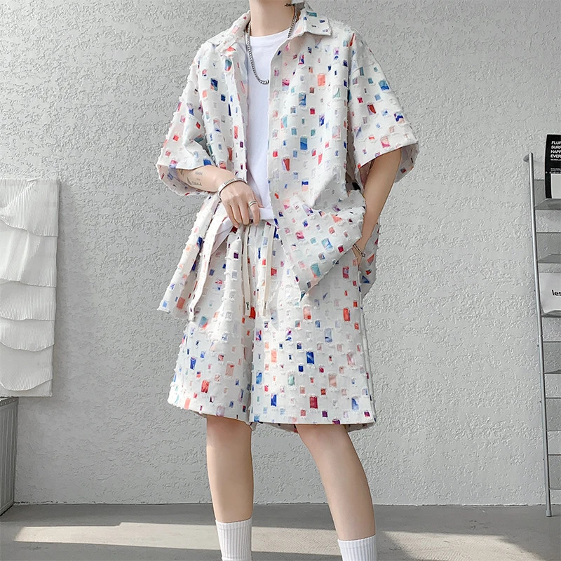 Cotton Hollowed Out Set Men Summer Short Sleeved Shirt Sets Men Streetwear Korean Loose Colored Plaid Sets Mens Plus Size 5XL 250224