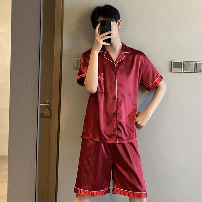 Multiple colors available for ice silk pajamas mens short sleeved shorts thin summer solid color sleepwear big size home suit 250224