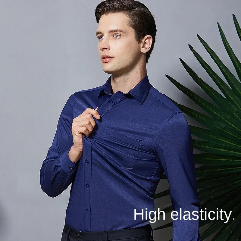 55105KG Mens long sleeved elastic shirt non ironing business dress professional work attire stand up collar 250222