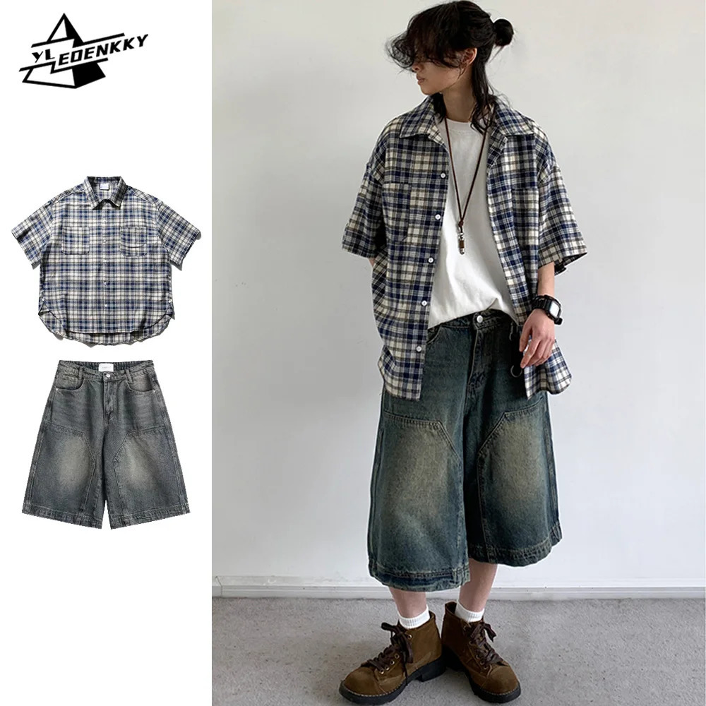 Summer Casual Set Men Women Vintage Plaid Half Sleeve Loose Shirt Street Wash Distressed Denim Shorts Japanese Oversize Suit 250224