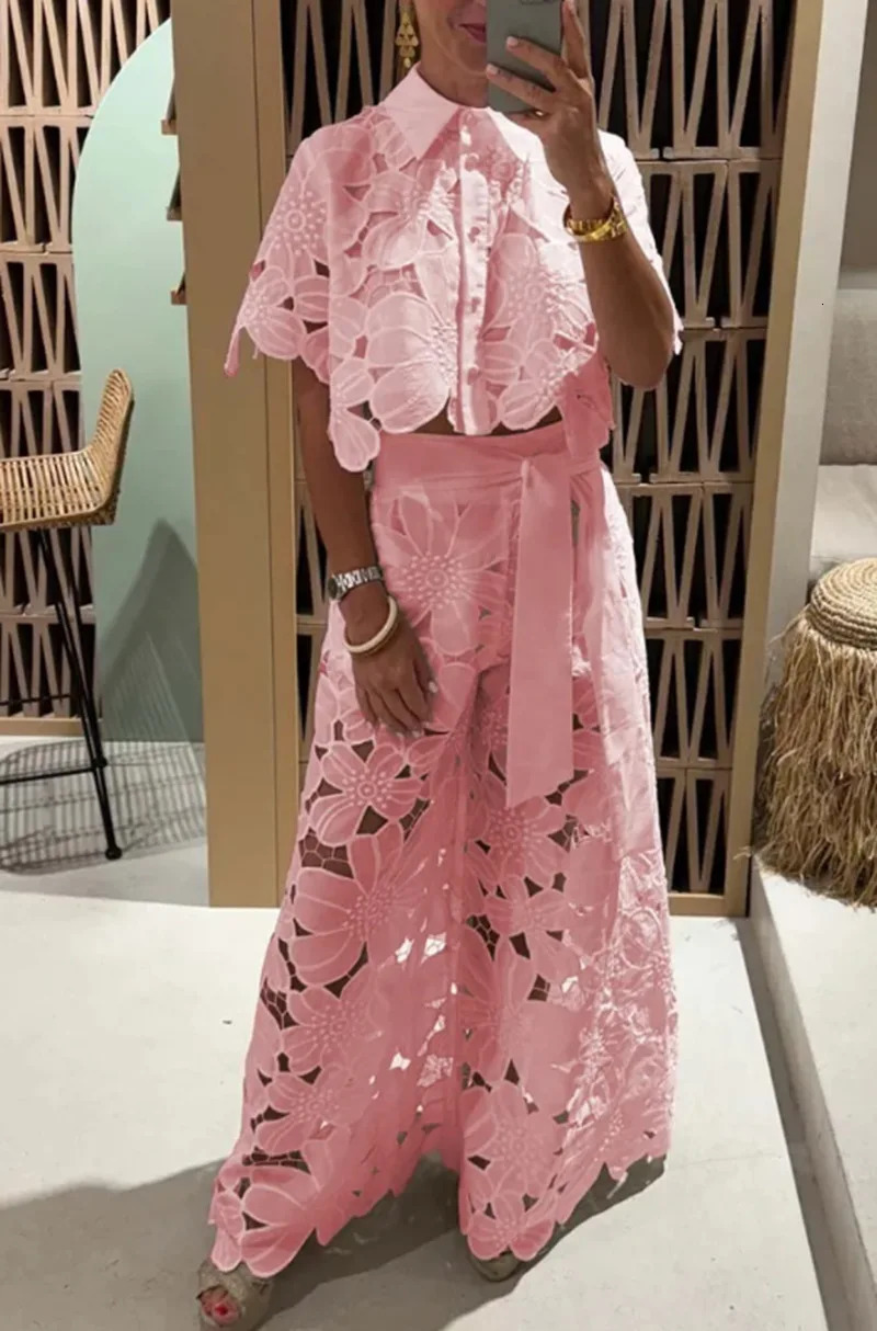 Elegant Lapel Half-sleeved Crop Top Wide-leg Pants Sexy Hollow 2-piece Set Women Fashion Spring Solid Color Loose Suit Female 250224