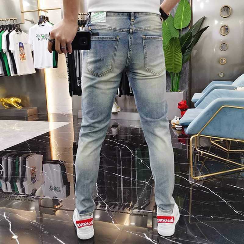 Men's Jeans New Mens Ripped Splice Jeans Embroidery Skinny Pants High Quality Slim Vintage Blue Hip Hop Jeans Streetwear Mens Denim Trousers z250