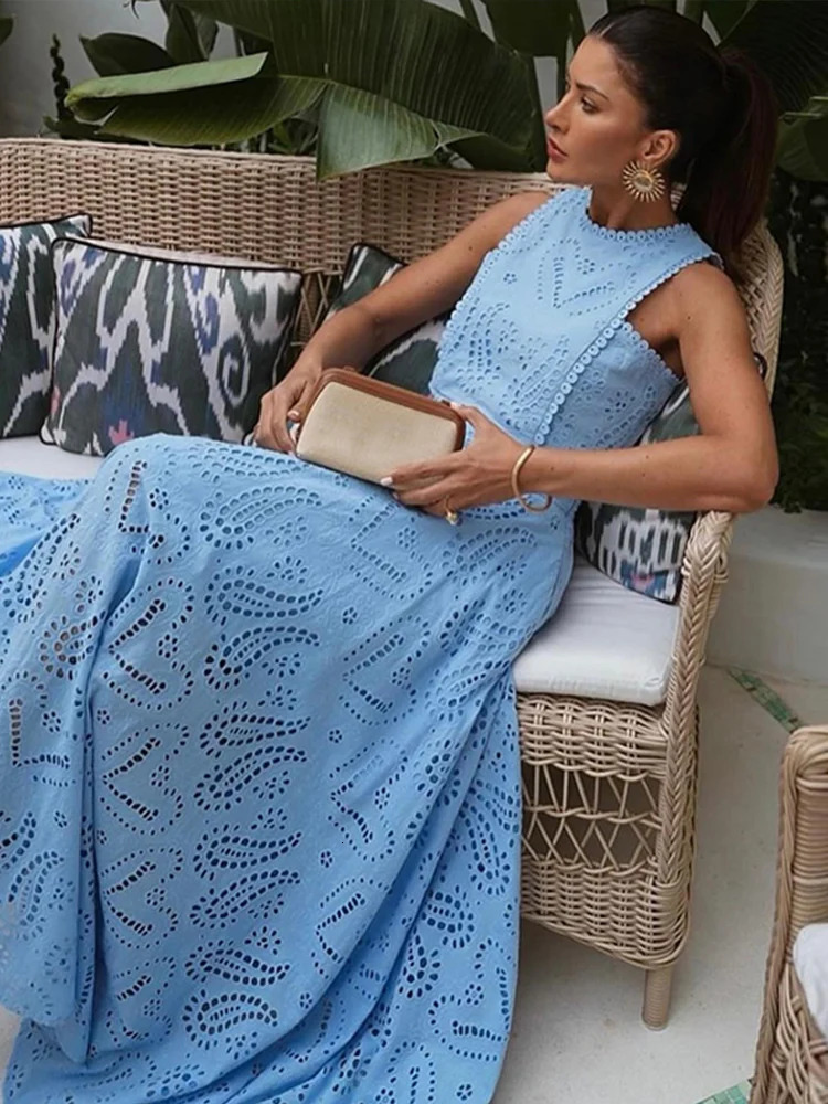 Hollow Out Sleeveless Top Half Skirt Set Embroidered Pocket Long Skirts Casual Holiday Temperament Waist Cinching Two-Piece Set 250224