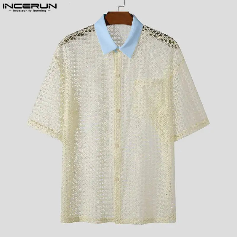 INCERUN Mens Shirts Patchwork Mesh Hollow Out Transparent Lapel Short Sleeve Mens Clothing Streetwear Fashion Shirts S-5XL 250222