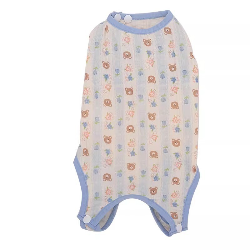 Summer Thin - style Belly - protecting Cat Clothes with Blue and White Sea Salt Bear Design. Also for Small Dogs, Ideal for Air - conditioned Rooms to