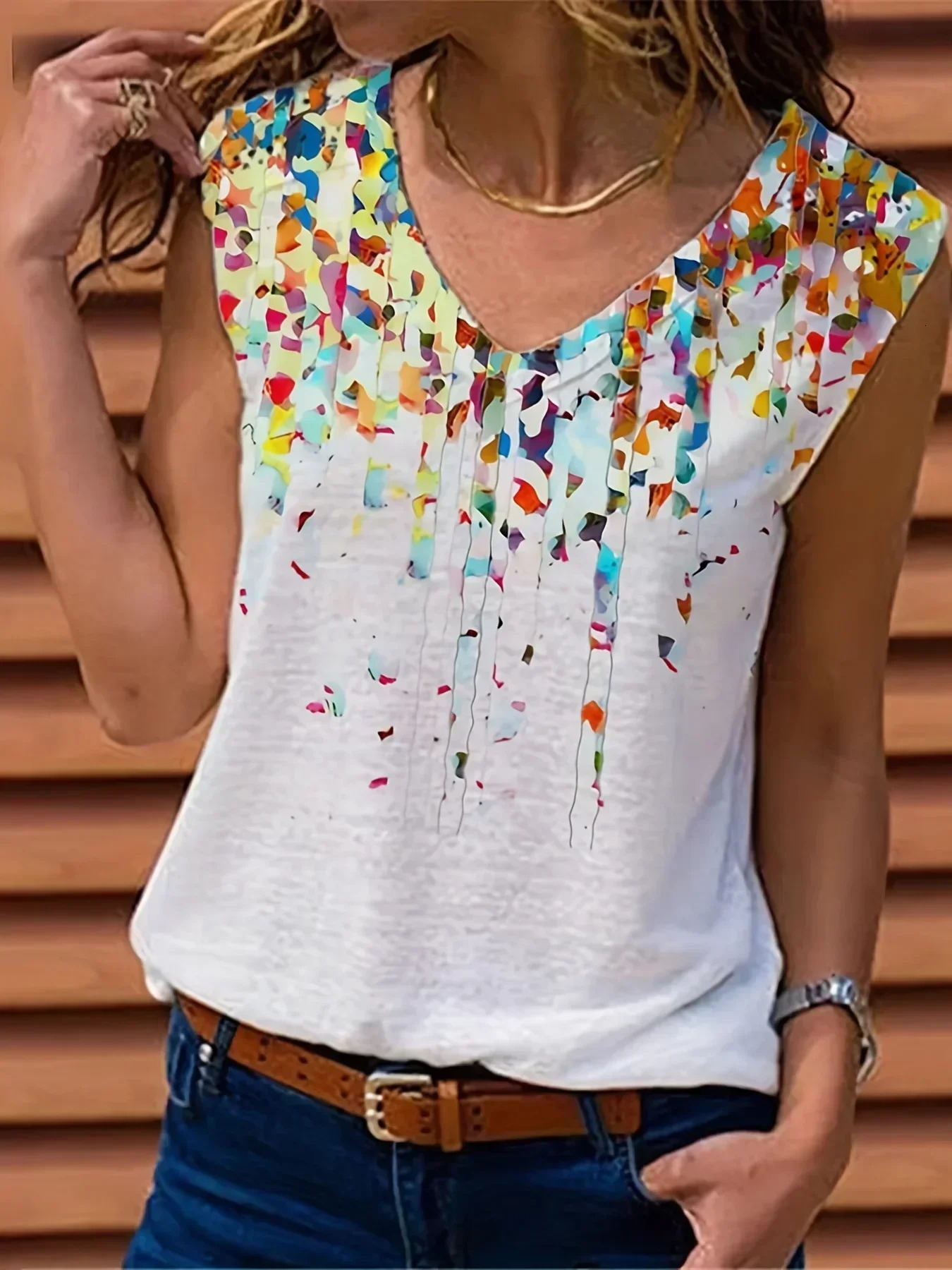 Plus Size 1XL-5XL Summer Fashionable Womens Top Casual V-neck Printed Simple Sleeveless Vest Versatile Loose and Elegant Vest 250224