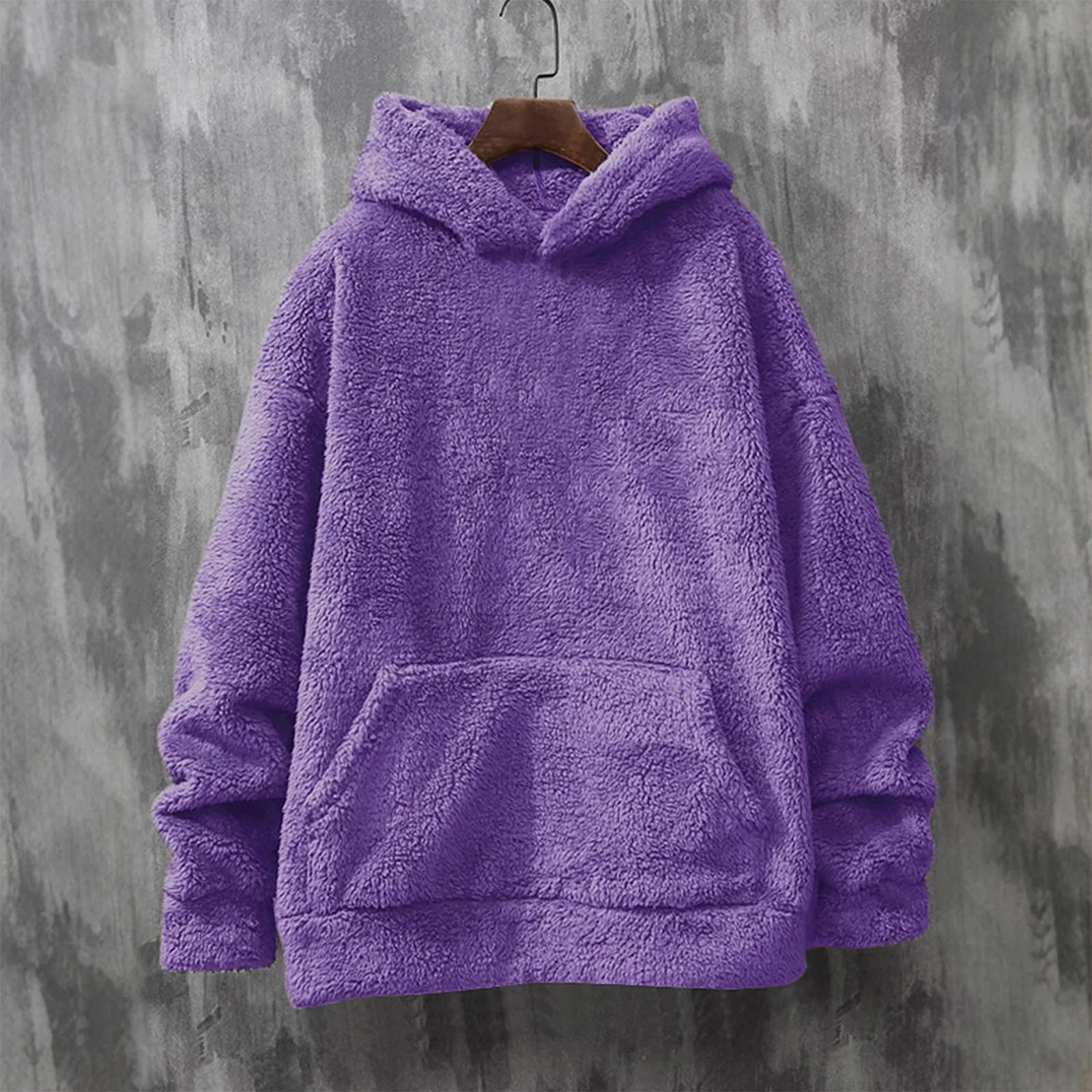 MenS Round Neck Long Sleeved Coral Fleece Hooded Sweatshirt Winter Warm Thickened Solid Color Oversized Hoodies 250224