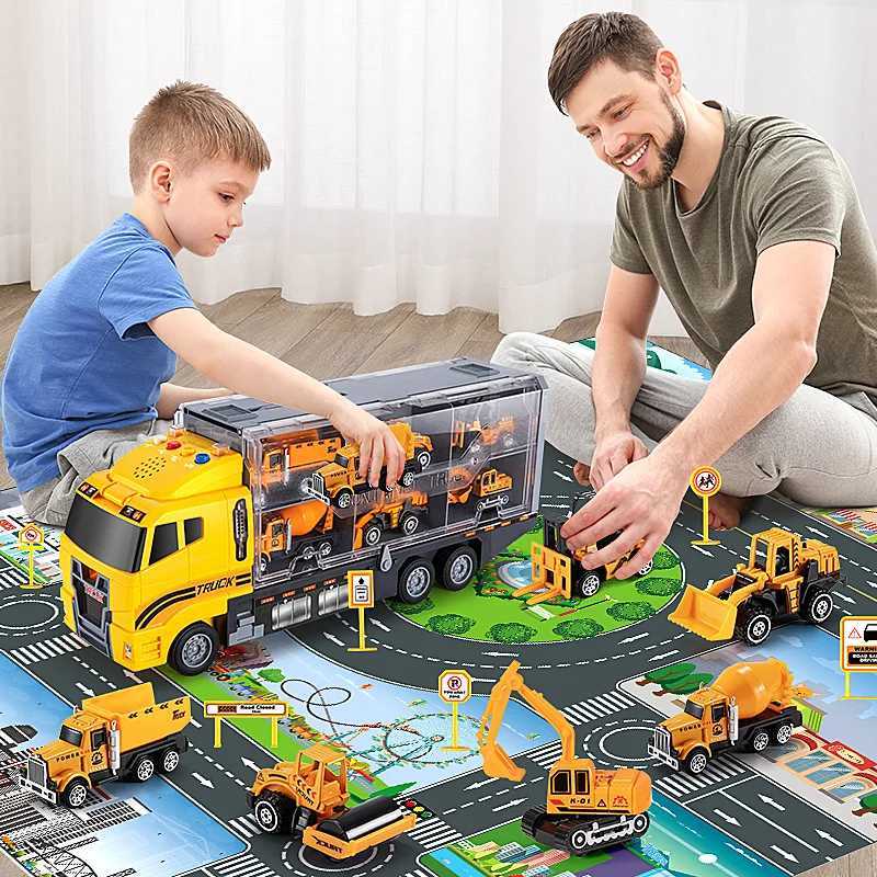 Big Construction Container Transporter Playset With 6PCS Mini Vehicle Carrier Truck Engineering Car Model Toys For Kids Gifts Free shipping