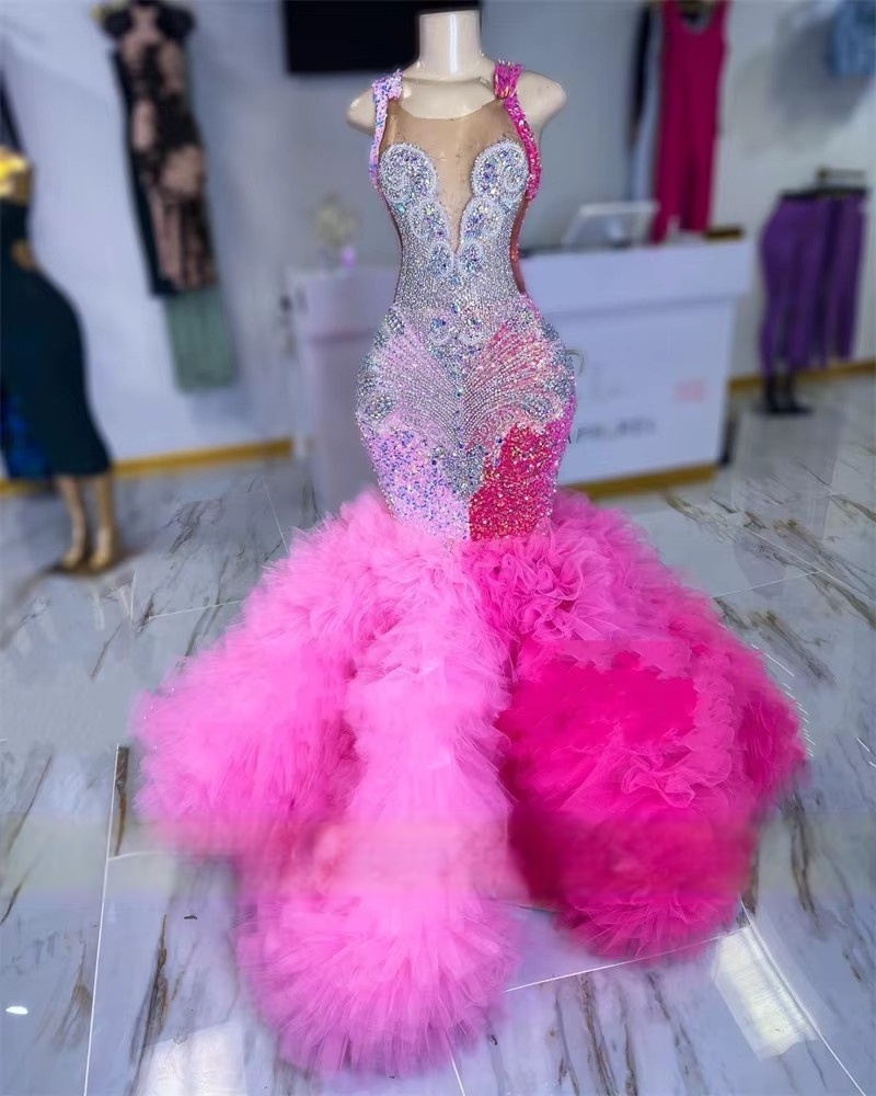 Luxurious Crystals Beaded Mermaid Prom Dresses Pink And Fuchsia Tiered Tulle Sequined Long Evening Gowns African Black Girls Pageant Party Birthday Dr