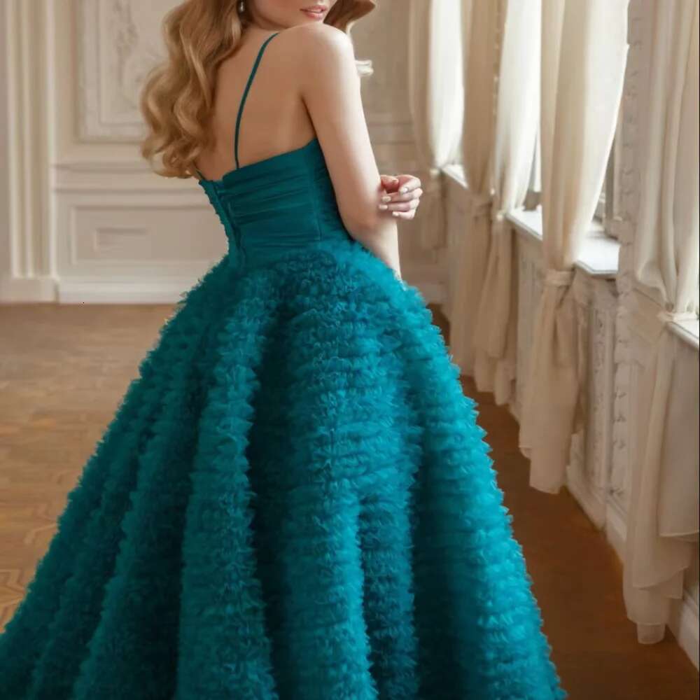 Elegant Women's Formal Italian Style Sleeveless Sapphire Shoulder Straps Floor Rubbing Tulle prom Graduation Party Evening Dress