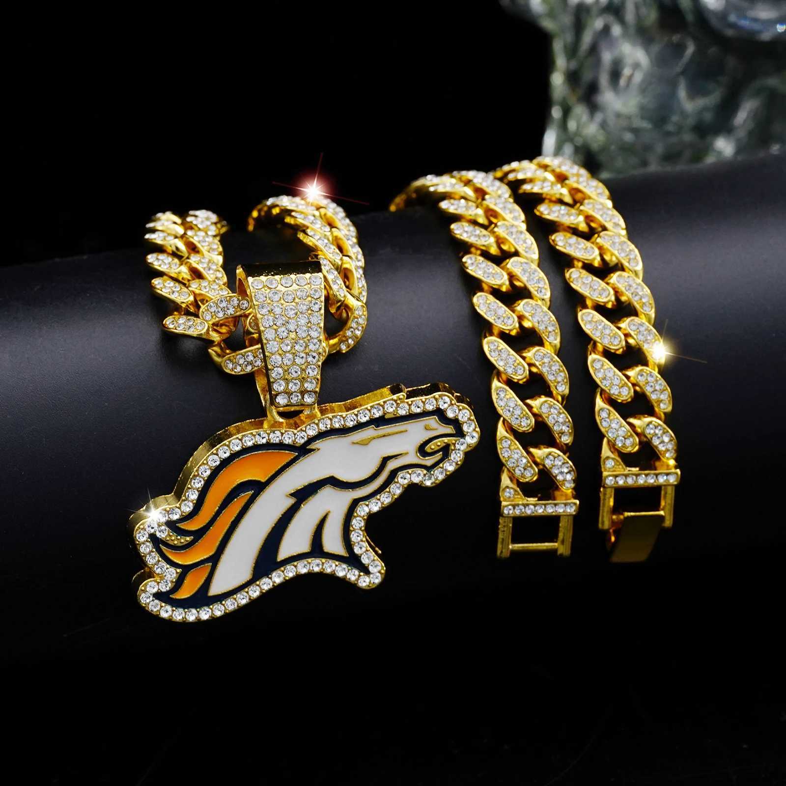 White Broncos Team Pendant with 50cm Bling Chain Stylish Jewelry Popar in Gems X250224