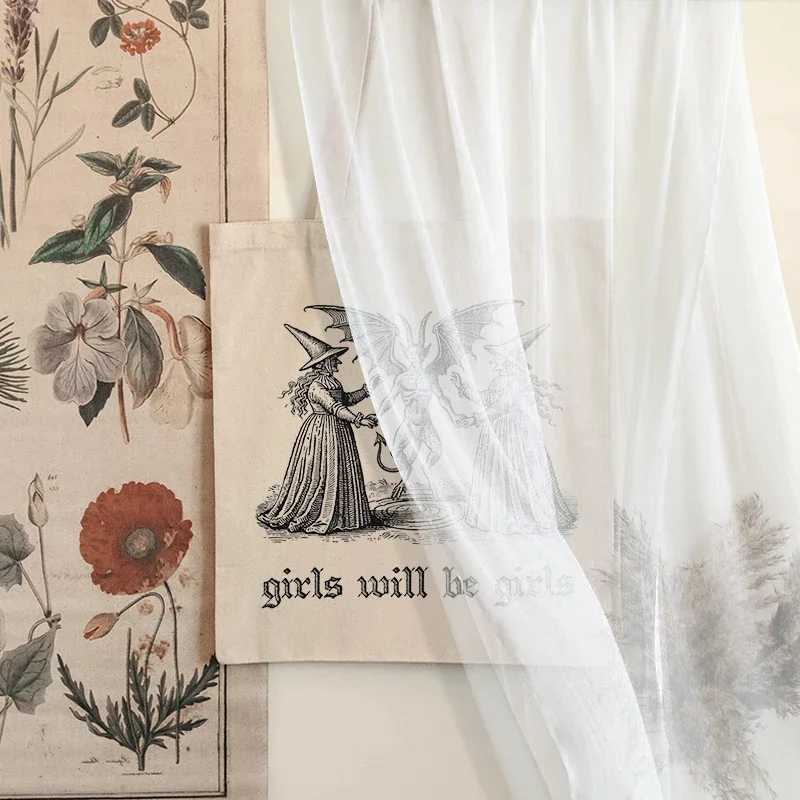 Girls Will Be Girls Witch Canvas Tote Bag Organizer New Large Capacity Travel Storage Shoulder Bag Handbag Halloween Spooky Gift Z250224