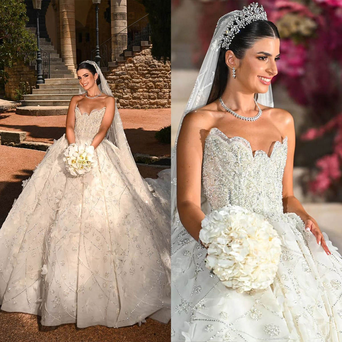 Graceful Princess Ball Gown Wedding Dresses Strapless Lace Crystal 3D Floral Appliques Beaded Sweep Floor Court Gown Customized Bridal Gown Vestidos D