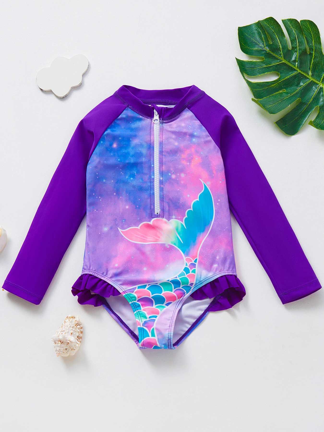 Mermaid Fish Scale Girls Rash Guard Set One Piece Swimwear for Kids X250224