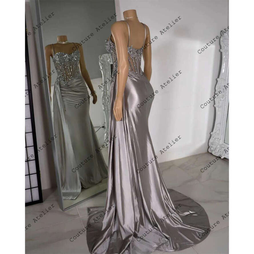 Sier Bbeaded Spaghetti High Split Prom Dresses For Black Girls Mermaid Elegant Dress Special Party Formal Gowns Satin Arabic