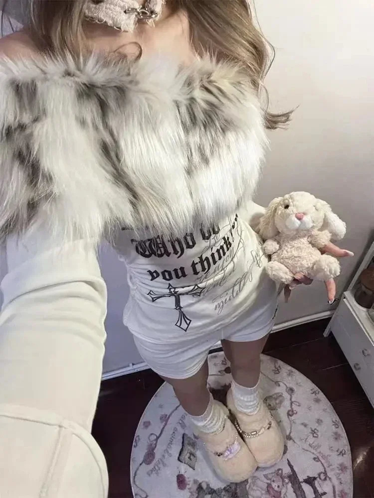 Y2k Emo Women Korean Streetwear Japanese Fur Collar Tops Off Shoulder Long Sleeve Aesthetics Letter T-shirt 2000s Alt Clothes 250225