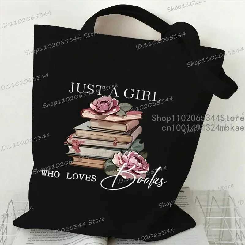 Just A Girl Who Loves Books Canvas Tote Bag Women Reusable Shopper Bag Vintage Rose Books Fashion Read Lover Shoulder Handbags Z250224-1