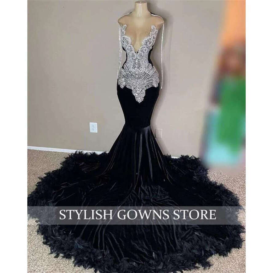 Sheer O Neck Long Prom Dress For Black Girls 2024 Beaded Crystal Birthday Party Dresses Feathers Mermaid Evening Gown Tassel 0627