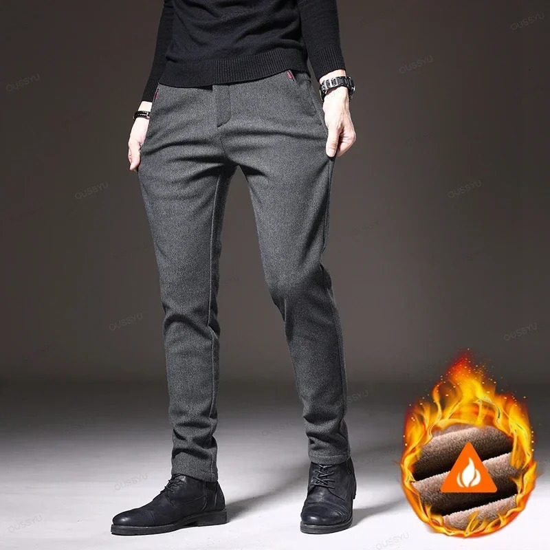 Winter pants mens warm elastic waist thick brushed wool lining work and leisure mens tight fit business dress plush 250214