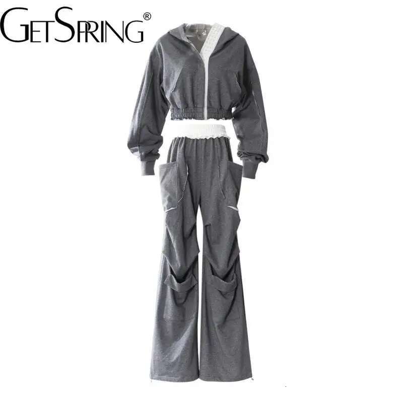 Getspring Women Pant 2025 Spring New Hooded Color Matching Short Coat High Waist Loose Long Wide Leg Pants Two Pieces Sets