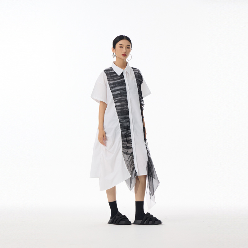 M7125 New Korean version of Yamamoto dark style patchwork short-sleeved shirt dress for women in summer thin niche design