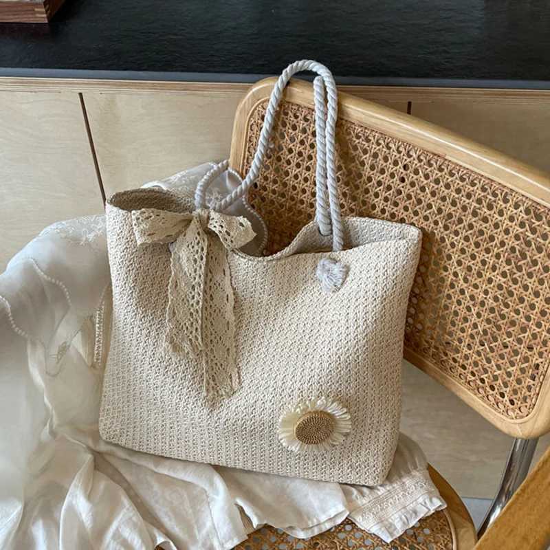 Weave Lace Ribbon Tote Bag Large Capacity Summer Beach Straw Handbag Purse Female Bohemian Shoulder Bag Women Ladies Travel Bag