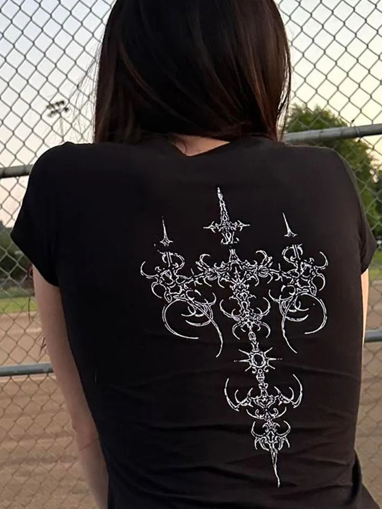 Y2k Crop Top Summer Goth Slim Vintage Graphic print Tee emo Cute Punk Hip Hop Women Crop top Short Sleeve Sexy Streetwear 250224