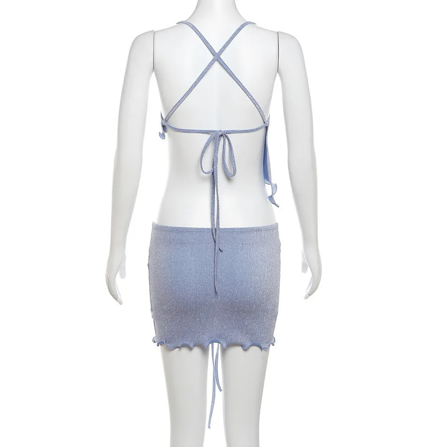 Gtpdpllt Glitter 2 Pieces Set Women Frilly Backless Halter Top And Drawstring Mini Skirt Sexy Summer Outfits Women Beachwear 250224