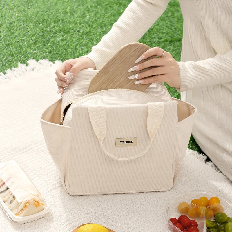 Corduroy Lunch Bag Thermal Insulation Lunch Box Storage Handbag Multifunctional School Cooler Bag Picnic FoodPouch 250224
