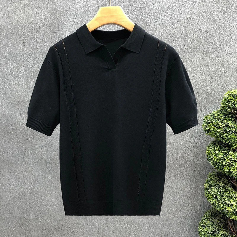 Summer Mens Clothing Knit V Neck Short-sleeved Polo Shirt Solid Color Leisure Korean Breathable Slim Knitwear 250224