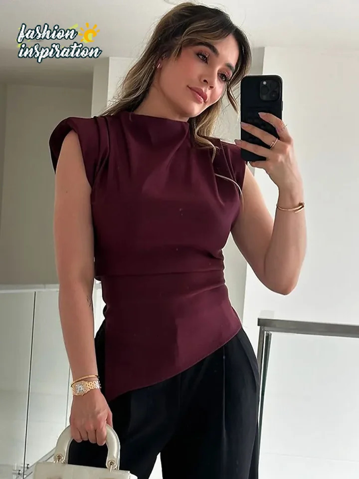 Women Casual Pleated Slim Short Vest Fashion Solid O Neck Sleeveless Shoulder Pad Top 2025 Lady Casual Street Commuting Wear 250224