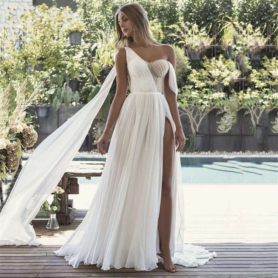 Chiffon Beach Wedding Dress One Shoulder Beading Boho Bride Sexy High Side Slit Bridal Gowns Custom Made Vestido De Noiva Mariage
