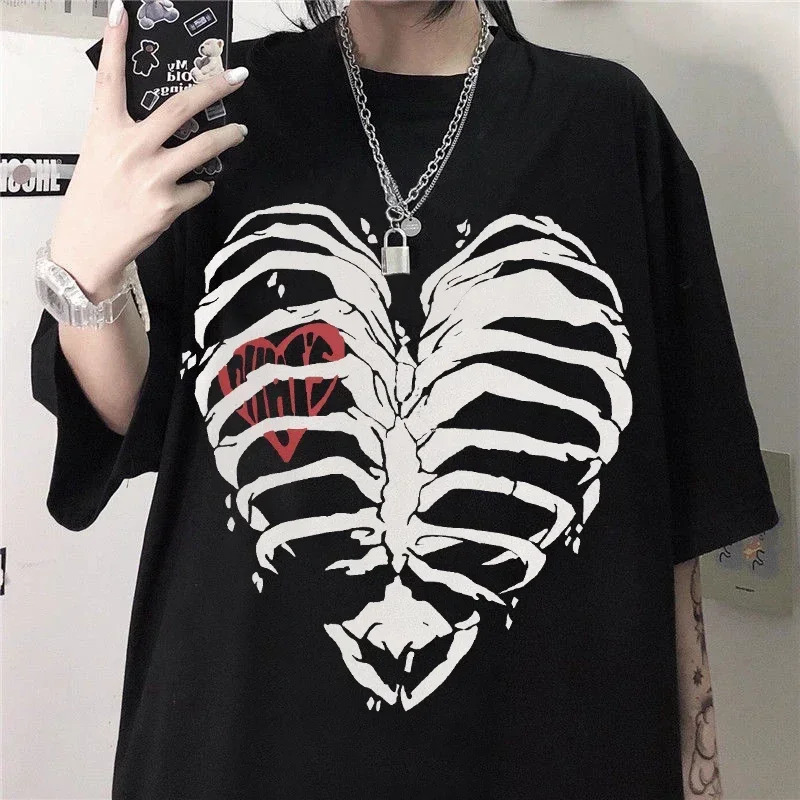 Womens T-shirt Harajuku Y2K Top Harajuku Retro Korean Style Black Demon Punk Gothic Anime Print Slim Fit Thin T-Shirt Clothes 250225