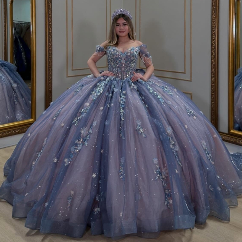 Navy Blue Shiny Quinceanera Dresses Ball Gown Off The Shoulder Applique Lace Bow Beading Tull Party Birthday Sweet 16 Dress Vestidos 15 De Anos