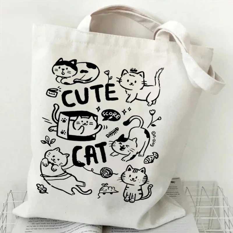 FAshion Canvas Tote Bag Cup of Black Print Large Capacity Teen Shoulder Shopping Bag Cartoon FAshion Kitten Womens Handbags Z250224