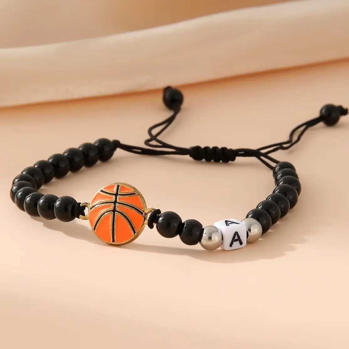 ZIRUISP New Basketball Black Shiny Beads Bracelets For Men And Women With 26 Name Initials A-Z Jewelry GiftsXJ250225