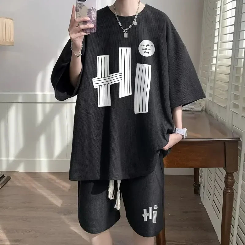 Casual Mens Summer T-Shirt Shorts Two-Piece Set Loose Fit Hong Kong Style Printed Plus Size Sportswear 250318