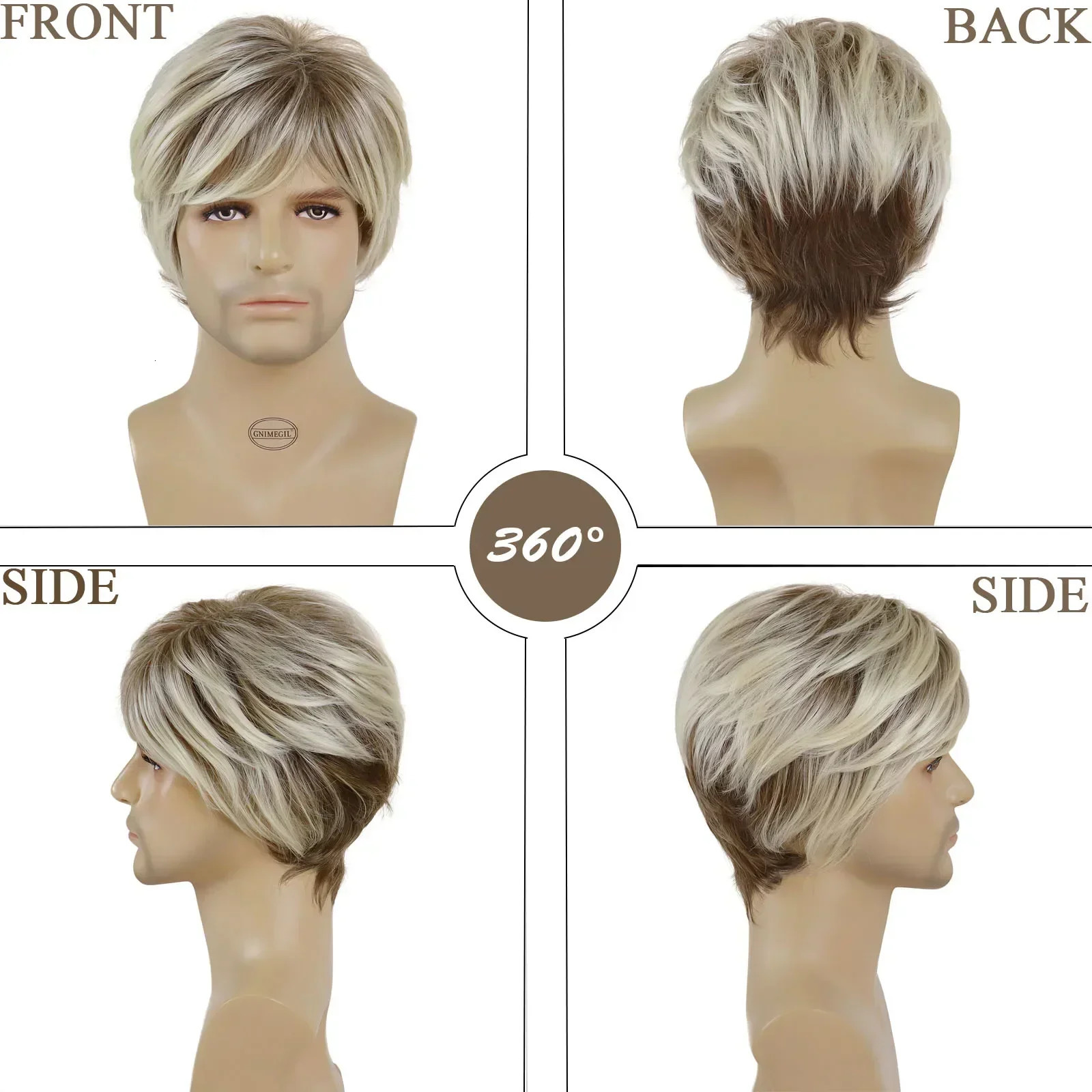 Synthetic Ombre Blonde To Brown Layered Wig with Bangs for Men Short Straight Hair Heat Resistant Natural Daily Party Man Wig 250224