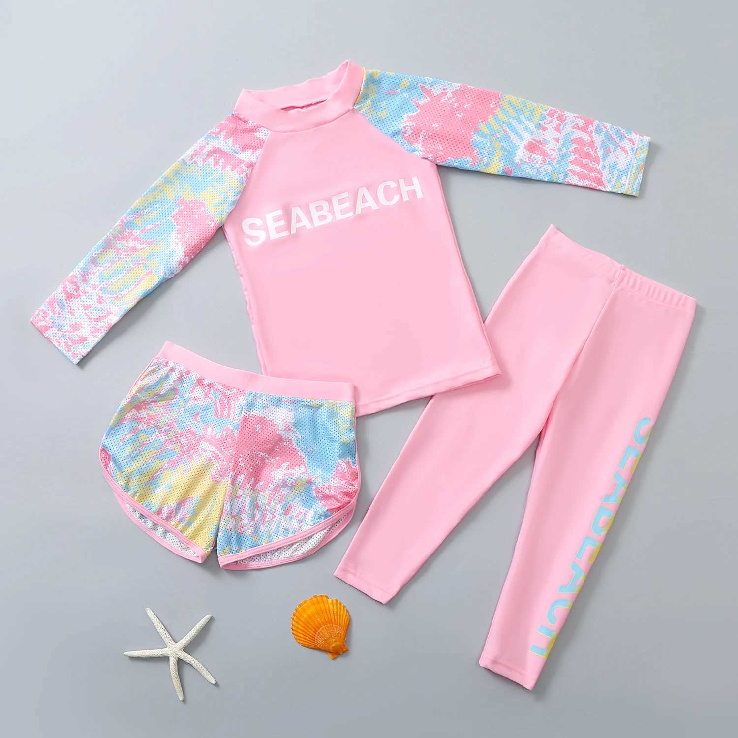 New childrens swimsuit girls long sleeved three piece quick drying swimsuit for student sports X250224