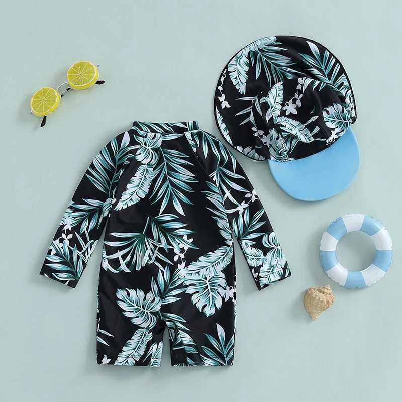 Baby Girl Rash Guard Swimsuit with Hat 2 Pcs Set Floral Print Zip Up Long Sleeve Crew Neck Toddler Girl Swimwears X250224