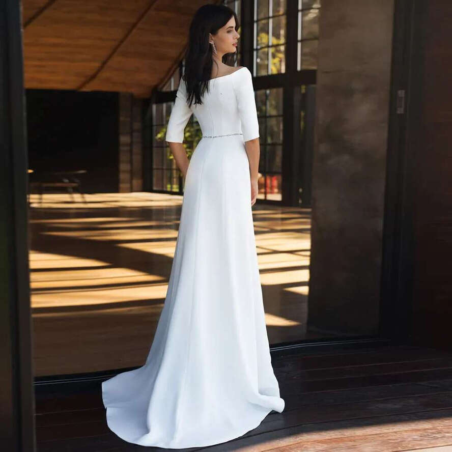 Simple Wedding Dress Boat Neck Half Sleeves Beading Sashes Or Length Long Bridal Gowms Vestido De Novia Mairee