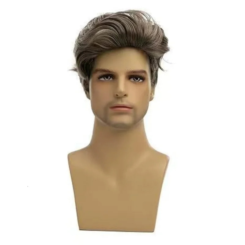Synthetic wig gradient brown fluffy slant bangs short Wig for men 250224