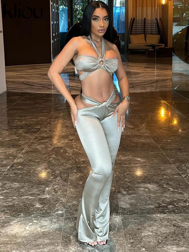 kliou Sexy Stunning Women 2 Piece Coquette Solid Hollow Halter Crop TanksSlash Waist Slim Pants Female Clubwear Midnight Sets 250224