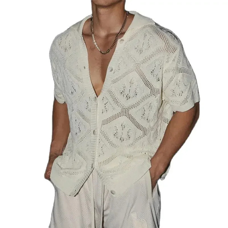 Sexy Mens Hollow Out Knit Shirt Vintage See Through Breathable Knitting Shirts Men Summer Stylish Solid Color Short Sleeve Tops 250222