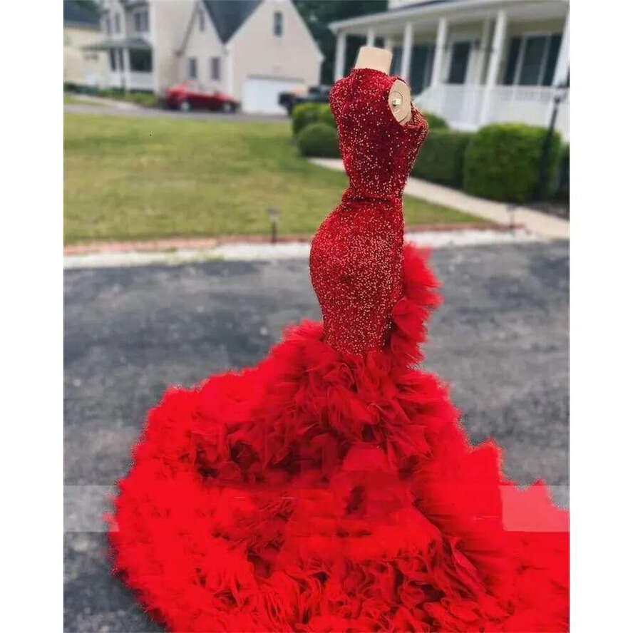 Long Red Prom Dress For Black Girls Mermaid Beaded Crystal Ruffles High Slit Evening Gown Birthday Party Gala Dresses Customized