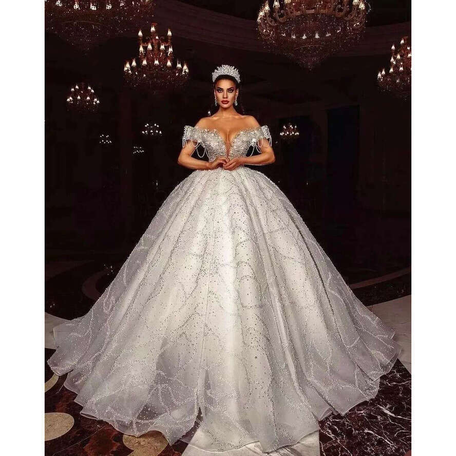 Princess Ball Gown Wedding Dresses Appliques Deep V Neck Off Shoulder Sleeveless Sequins Beads Lace Ruffles Or Length Shiny Bridal Gowns Plus Size Cus