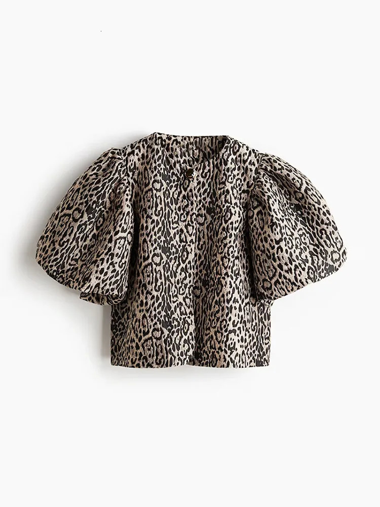 Fashion Leopard Short Puff Sleeve Shirts For Women 2025 Spring Casual Round Collar Blouse Female Elegant Chic Lady Cropped Tops 250225