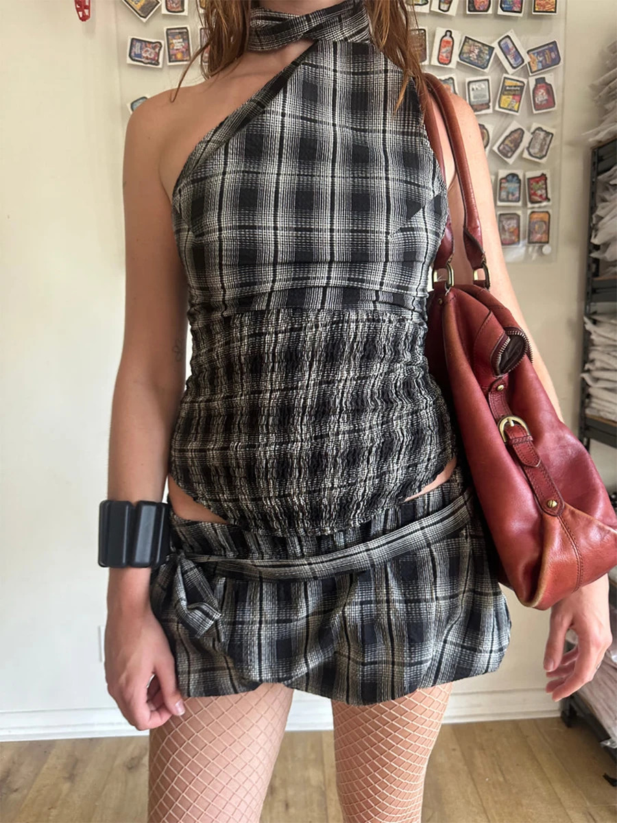 Women 2 Piece Skirt Outfits Summer Sleeveless Backelss Halter Tank Tops Low Waist Print Bubble Mini Skirt with Belt Clubw Y2K 250224